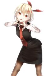 Rule 34 | 1girl, bad id, bad pixiv id, bent over, blonde hair, blush, brown pantyhose, hair ribbon, highres, idemitsu, long sleeves, looking at viewer, necktie, open mouth, pantyhose, red eyes, ribbon, rumia, shirt, short hair, simple background, skirt, skirt set, smile, solo, touhou, vest, white background