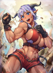 Rule 34 | 1girl, abs, absurdres, belt, blue eyes, breasts, demon girl, demon horns, fangs, fingerless gloves, gloves, highres, horns, huge filesize, large breasts, mr.lime, muscular, muscular female, navel, open mouth, original, pointy ears, punching, purple hair, scar, short hair, shorts, sweat, thighs, toned