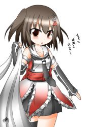 Rule 34 | 10s, 1girl, :o, aged down, asymmetrical legwear, bare shoulders, black neckerchief, black skirt, blush, brown eyes, brown hair, commentary request, elbow gloves, fingerless gloves, gloves, hair ornament, highres, holding, holding clothes, kantai collection, looking at viewer, neckerchief, open mouth, revision, scarf, sendai (kancolle), sendai kai ni (kancolle), shinomoto akira, short hair, signature, simple background, skirt, solo, torpedo, twintails, two side up, uneven legwear, weapon, white background, white scarf