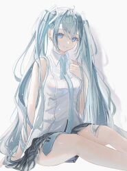 Rule 34 | 1girl, amuko08, black skirt, blue eyes, blue hair, blue necktie, collared shirt, crypton future media, feet out of frame, hair ornament, hand on own chest, hatsune miku, highres, long hair, looking at viewer, necktie, pleated skirt, shaded face, shadow, shirt, simple background, sitting, skirt, sleeveless, sleeveless shirt, solo, tie clip, twintails, undone necktie, very long hair, vocaloid, white background, white shirt