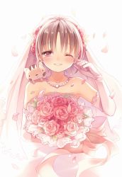 Rule 34 | 1girl, :&lt;, bad id, bad pixiv id, bare shoulders, blush, bouquet, bridal veil, bride, brown hair, cat, dress, elbow gloves, flower, gloves, happy tears, jewelry, looking at viewer, necklace, one eye closed, original, petals, rie (reverie), rose, smile, solo, tears, valentine, veil, wedding dress, wink