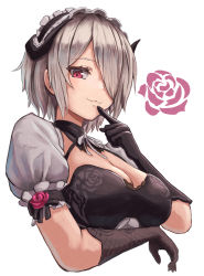 Rule 34 | 1girl, :3, black gloves, breast hold, breasts, cleavage, closed mouth, commentary request, cropped torso, elbow gloves, finger to mouth, floral print, frills, gloves, grey hair, grey ribbon, hair over one eye, honkai (series), honkai impact 3rd, index finger raised, large breasts, looking at viewer, maid, maid headdress, moppo, neck ribbon, pink eyes, puffy short sleeves, puffy sleeves, ribbon, rita rossweisse, rita rossweisse (umbral rose), rose print, short hair, short sleeves, simple background, smile, solo, upper body, white background
