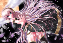 Rule 34 | 1girl, armband, bare shoulders, black thighhighs, blue eyes, breasts, dress, dutch angle, female focus, full moon, large breasts, long hair, looking back, megurine luka, moon, nohoho (kakikonchi), outdoors, petals, pink hair, sky, solo, sparkle, thighhighs, very long hair, vocaloid, zettai ryouiki