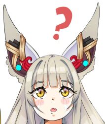 Rule 34 | 1girl, ?, animal ear fluff, animal ears, cat ears, commentary, dot nose, english commentary, eyelashes, fang, grey hair, i am anddo, long hair, nia (xenoblade), open mouth, portrait, simple background, skin fang, slit pupils, solo, white background, xenoblade chronicles (series), xenoblade chronicles 2, yellow eyes