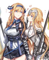 Rule 34 | 2girls, ^^^, arknights, bare shoulders, blonde hair, blue eyes, blue hairband, blue neckwear, breasts, cowboy shot, elbow gloves, fate/apocrypha, fate (series), gloves, hair between eyes, hairband, highres, horns, jeanne d&#039;arc (fate), jeanne d&#039;arc (ruler) (fate), jeanne d&#039;arc (third ascension) (fate), large breasts, long hair, looking at another, multiple girls, necktie, pointy ears, profile, saileach (arknights), shirt, simple background, standing, trait connection, very long hair, white background, white shirt, zuo daoxing