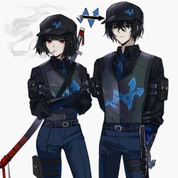 Rule 34 | 1boy, 1girl, armor, bags under eyes, baseball cap, belt, black belt, black eyes, black gloves, black hair, black headwear, black shirt, blue necktie, blue pants, bob cut, bracer, breastplate, cigarette, closed mouth, collared shirt, commentary, cowboy shot, crossed arms, gloves, hair between eyes, hat, highres, limbus company, necktie, pants, project moon, red eyes, ryoshu (project moon), sheath, sheathed, shirt, short hair, sidelocks, simple background, smoke, smoking, sp0i0ppp, standing, white background, wing collar, yi sang (project moon)