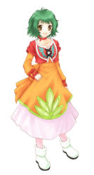 Rule 34 | 00s, 1girl, :d, choker, dress, farah oersted, green hair, open mouth, orange dress, pantyhose, short hair, smile, solo, tales of (series), tales of eternia, usashiro mani, white background, yellow eyes