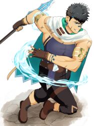 Rule 34 | 1boy, armlet, black hair, brown footwear, cape, crave saga, earrings, fingerless gloves, full body, gae bolg (crave saga), gloves, grin, holding, holding polearm, holding weapon, jewelry, male focus, muscular, nose tape, polearm, running, saiden (mandraw), scar, scar on arm, smile, solo, tattoo, thigh strap, twisted torso, weapon