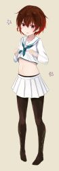 Rule 34 | 10s, 1girl, :o, absurdres, alternate costume, black pantyhose, brown eyes, brown hair, clothes lift, full body, hair between eyes, highres, kantai collection, lifting own clothes, long sleeves, looking at viewer, midriff, mutsuki (kancolle), navel, neckerchief, no shoes, open mouth, pantyhose, pleated skirt, school uniform, serafuku, shirt lift, short hair, simple background, skirt, solo, stomach, white skirt, yuki (yukin0128)