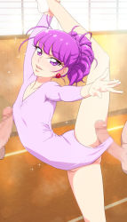 Rule 34 | 10s, 1girl, 2boys, :d, arched back, armpits, athletic leotard, blush, braid, censored, clothed female nude male, clothing aside, erection, french braid, from side, gymnastics, imminent penetration, imminent vaginal, indoors, kirakira precure a la mode, kotozume yukari, leotard, leotard aside, messy hair, mosaic censoring, multiple boys, multiple penises, mushiro (nijie728995), nude, open mouth, penis, penis under another&#039;s clothes, precure, purple eyes, purple hair, skin tight, smile, sparkle, spread legs, standing, standing on one leg, testicles