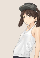 Rule 34 | 1girl, brown background, brown eyes, brown hair, chagamaka, flat chest, highres, kantai collection, ryuujou (kancolle), solo, tank top, twintails, upper body, visor cap, white tank top