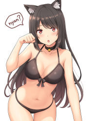 Rule 34 | 1girl, :o, animal ear fluff, animal ears, bad id, bad pixiv id, bare arms, bare shoulders, bikini, black bikini, black choker, black hair, breasts, cat ears, cat girl, choker, collarbone, cowboy shot, front-tie bikini top, front-tie top, halterneck, long hair, looking at viewer, medium breasts, nakamura sumikage, navel, open mouth, original, paw pose, red eyes, simple background, solo, speech bubble, standing, stomach, swimsuit, thigh gap, thighs, white background