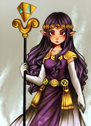 Rule 34 | 1girl, absurdres, armor, armored dress, breasts, dress, elbow gloves, forehead jewel, gloves, highres, lemolunes, lipstick, long dress, long hair, makeup, nintendo, parted bangs, pauldrons, pointy ears, princess hilda, purple hair, purple lips, red eyes, shoulder armor, solo, staff, the legend of zelda, the legend of zelda: a link between worlds, tiara, triforce, wavy hair, white gloves