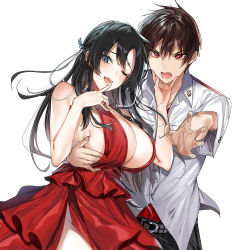 Rule 34 | 1boy, 1girl, bare shoulders, belt, black belt, black hair, black pants, blue eyes, breasts, brown hair, cleavage, collared shirt, dress, dress shirt, evening gown, finger to mouth, hair between eyes, hand on another&#039;s chin, kakao (chocolate land), large breasts, long hair, one eye closed, open mouth, orange eyes, original, out of frame, pants, red dress, red shirt, second-party source, shirt, short hair, short sleeves, simple background, standing, white background, white shirt