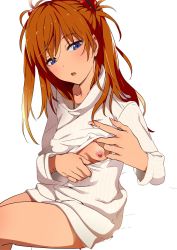 Rule 34 | 1girl, blue eyes, blush, breasts, cleavage cutout, clothes pull, clothing cutout, female focus, fingernails, highres, long hair, mebae, meme attire, neon genesis evangelion, nipples, open-chest sweater, open mouth, orange hair, small breasts, solo, souryuu asuka langley, sweater, sweater pull