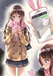 Rule 34 | 1girl, absurdres, bag, black skirt, blush, brown eyes, brown hair, brown jacket, buttons, cellphone, commentary request, covered mouth, double-breasted, fringe trim, hair between eyes, highres, holding, holding phone, jacket, long hair, long sleeves, multiple views, original, parted bangs, phone, phone with ears, pink scarf, plaid, plaid scarf, pleated skirt, profile, scarf, school bag, sin (sin52y), skirt, sleeves past wrists, translated