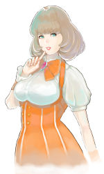 Rule 34 | 1girl, a ichiro, aqua eyes, arm at side, bad id, bad pixiv id, bow, breasts, brooch, brown hair, double decker!, dress, hand up, index finger raised, jewelry, large breasts, looking at viewer, medium hair, orange bow, orange dress, orange neckwear, parted lips, puffy short sleeves, puffy sleeves, short sleeves, simple background, solo, sophie gainsbourg, white background, wrist cuffs