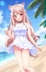 Rule 34 | 1girl, :d, absurdres, animal ears, auroraescientia, beach, blue sky, blunt bangs, breasts, cat ears, cat girl, cat tail, clothes lift, commentary request, commission, dress, dress lift, fangs, film grain, halter dress, halterneck, highres, indie virtual youtuber, lens flare, light brown hair, long hair, medium breasts, ocean, open mouth, palm leaf, panties, pink panties, short dress, skeb commission, sky, sleeveless, sleeveless dress, smile, solo, sundress, tail, uise iu, underwear, very long hair, virtual youtuber, white dress, wind, wind lift