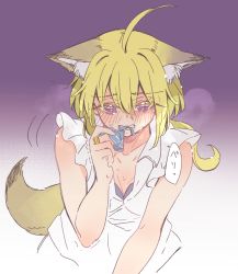 Rule 34 | 1girl, ahoge, amano soraha, animal ear fluff, animal ears, assault lily, bare arms, black bra, blonde hair, blue eyes, blush, bra, bra peek, breasts, bright pupils, cleavage, collarbone, condom, condom wrapper, cropped legs, embarrassed, fox ears, fox girl, fox tail, hair between eyes, hand to own mouth, hand up, heavy breathing, highres, holding, holding condom, jewelry, kemonomimi mode, looking at viewer, low ponytail, medium breasts, motion lines, mouth hold, partially unbuttoned, ponytail, purple background, purple eyes, ring, shirt, sleeveless, sleeveless shirt, solo, sorato (astllatte), speech bubble, sweat, tail, trembling, underwear, upper body, white background, white pupils, white shirt