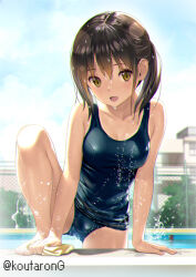 Rule 34 | 1girl, :d, bare arms, bare legs, bare shoulders, barefoot, black hair, blue one-piece swimsuit, blue sky, breasts, brown eyes, brown hair, chain-link fence, cloud, cloudy sky, collarbone, commentary request, day, fence, koutaro, long hair, medium breasts, multicolored hair, old school swimsuit, one-piece swimsuit, open mouth, original, outdoors, pool, poolside, school swimsuit, sky, smile, solo, streaked hair, swimsuit, twitter username, wet, wet clothes, wet swimsuit