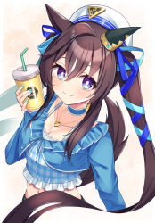 Rule 34 | 1girl, :3, animal ears, aonu koru, blue jacket, blue ribbon, brown hair, casual, commentary request, crop top, cup, disposable cup, drinking straw, ear covers, hair between eyes, hair ribbon, highres, holding, holding cup, horse ears, horse girl, jacket, long hair, looking at viewer, midriff, mole, mole under eye, navel, purple eyes, ribbon, simple background, single ear cover, solo, twintails, umamusume, vivlos (umamusume), white background, white headwear
