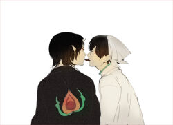 Rule 34 | 2boys, black hair, black kimono, closed mouth, coat, collared shirt, commentary, dated commentary, demon horns, eye contact, eyeshadow, food in mouth, hakutaku (hoozuki no reitetsu), hat, head scarf, high collar, hoozuki (hoozuki no reitetsu), hoozuki no reitetsu, horns, ihiro, imminent kiss, japanese clothes, kimono, lab coat, light smile, long sleeves, looking at another, makeup, male focus, multiple boys, pointy ears, red eyeshadow, shirt, short hair, simple background, small horns, upper body, white background, white coat, white hat, white horns, white shirt, yaoi