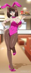 Rule 34 | 1girl, absurdres, animal ears, blue eyes, blurry, blurry background, bow, bowtie, breasts, brown hair, bunny day, burger, cleavage, detached collar, drink, fishnet pantyhose, fishnets, food, french fries, full body, hand on own hip, high heels, highres, indoors, large breasts, leotard, mazaki anzu, pantyhose, pink bow, pink bowtie, pink footwear, playboy bunny, rabbit ears, red leotard, restaurant, sakura painter, short hair, smile, solo, strapless, strapless leotard, wrist cuffs, yu-gi-oh!, yu-gi-oh! duel monsters