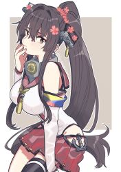 Rule 34 | 1girl, bare shoulders, blush, breasts, brown eyes, brown hair, closed mouth, detached sleeves, flower, hair between eyes, hair flower, hair ornament, headgear, hip vent, kantai collection, large breasts, long hair, looking at viewer, pink flower, pleated skirt, red skirt, sagamiso, simple background, single thighhigh, skirt, solo, tassel, thighhighs, twitter username, two-tone background, very long hair, yamato (kancolle)