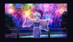 Rule 34 | 1girl, :d, aqua eyes, black border, blue-framed eyewear, blue hair, blue sash, border, braid, cinderella series, crown braid, fireworks, floral print kimono, game cg, glasses, hachigatsu no cinderella nine, hase maria, highres, light blue hair, looking at viewer, non-web source, obi, official alternate hairstyle, official art, open mouth, outdoors, outstretched arms, sash, semi-rimless eyewear, short hair, smile, solo, standing, tree, under-rim eyewear, wide sleeves