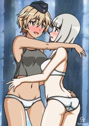 Rule 34 | 2girls, absurdres, ass, bare shoulders, blonde hair, blush, bra, brave witches, breasts, brown eyes, butt crack, dark-skinned female, dark skin, dated, edytha rossmann, grey tank top, groin, hat, highres, hug, looking at another, medium breasts, military hat, multiple girls, navel, open mouth, panties, shiny skin, short hair, smile, standing, tank top, tears, underwear, waltrud krupinski, white bra, white hair, white panties, world witches series, yuri