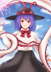 Rule 34 | 1girl, black hat, black skirt, bow, bowtie, capelet, center frills, closed mouth, cowboy shot, frilled shawl, frills, hat, hat bow, hatoman (ytef4434), highres, lightning, long sleeves, looking at viewer, nagae iku, purple hair, red bow, red bowtie, shawl, shirt, short hair, skirt, sky, smile, solo, standing, touhou, white capelet, white shirt