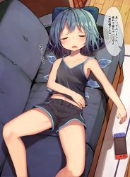 Rule 34 | 1girl, absurdres, alternate costume, bare arms, bare legs, bare shoulders, black shorts, blue bow, blue hair, bow, camisole, cirno, collarbone, contemporary, couch, drooling, closed eyes, from above, hair bow, highres, ice, ice wings, indoors, lying, mamemochi, midriff, navel, nintendo switch, on back, open mouth, short hair, shorts, sleeping, solo, touhou, translation request, wings, wooden floor