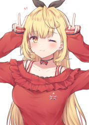 1girl :3 absurdres arms_up bare_shoulders black_choker blonde_hair blunt_bangs blush breasts choker closed_mouth collarbone earrings hair_ribbon heterochromia highres hoshikawa_sara hoshikawa_sara_(2nd_costume) jewelry large_breasts long_hair looking_at_viewer nijisanji off_shoulder one_eye_closed ribbon simple_background solo star_(symbol) v virtual_youtuber white_background yellow_eyes zky_(oekaky)