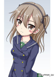 Rule 34 | 10s, 1girl, black ribbon, blue coat, brown eyes, closed mouth, coat, commentary, flipper, girls und panzer, gradient background, green skirt, grey background, hair ribbon, head tilt, light brown hair, long hair, long sleeves, looking at viewer, miniskirt, one-hour drawing challenge, ooarai school uniform, pleated skirt, ribbon, school uniform, shimada arisu, side ponytail, skirt, smile, solo, standing, twitter username, upper body