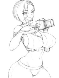 Rule 34 | 1girl, alternate breast size, ass, bare shoulders, belt, black belt, black choker, bob cut, breasts, camera, choker, cleavage, collarbone, cowboy shot, creatures (company), crop top, denim, eyelashes, fumio (rsqkr), game freak, hand on own chest, hand up, highres, holding, holding camera, large breasts, looking at viewer, loose hair strand, midriff, monochrome, navel, nintendo, off-shoulder shirt, off shoulder, pants, parted lips, perrin (pokemon), pokemon, pokemon sv, ribbed shirt, shiny skin, shirt, short hair, simple background, sleeveless, sleeveless shirt, smile, solo, sports bra, undershirt, v-neck, white background, wide hips