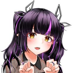 Rule 34 | 1girl, nanashi inc., alternate costume, black hair, black shirt, blouse, blunt bangs, blush, commentary request, dameyoshi, demon girl, demon horns, highres, horns, jewelry, kojo anna, lace, long hair, looking at viewer, multicolored hair, open mouth, pointy ears, purple hair, ring, see-through, see-through shirt, shirt, simple background, smile, solo, sugar lyric, twintails, two-tone hair, upper body, virtual youtuber, white background, yellow eyes