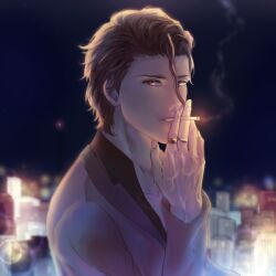 Rule 34 | 1boy, aizen sousuke, alternate costume, backlighting, bleach, blurry, blurry background, brown eyes, brown hair, cigarette, cityscape, commentary, contemporary, english commentary, formal, hair between eyes, hair slicked back, hand up, highres, holding, holding cigarette, jewelry, kas0n3ri, lens flare, long sleeves, looking at viewer, male focus, mature male, night, outdoors, parted lips, ring, short hair, smoke, smoking, solo, tsurime, upper body, veins, veiny arms