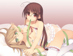 Rule 34 | 2girls, ahoge, arima senka, arima senne, asymmetrical docking, bad id, bad pixiv id, breast press, breasts, brown eyes, brown hair, glasses, green eyes, holding hands, incest, kashiwamochi yomogi, large breasts, lingerie, long hair, looking at viewer, mole, mole on breast, mouth hold, multiple girls, negligee, original, panties, see-through, siblings, sisters, thighhighs, underwear, white panties, white thighhighs, yuri