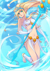 Rule 34 | 1girl, artist name, bandeau, barefoot, blonde hair, blue eyes, breasts, cloud, commentary request, day, elbow gloves, floating, gloves, green eyes, holding, holding staff, janna (league of legends), large breasts, league of legends, long hair, long torso, looking at viewer, navel, outdoors, pointy ears, skirt, solo, staff, vmat, white gloves, white skirt