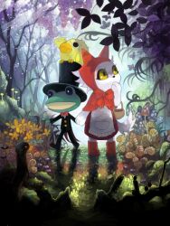 Rule 34 | 1boy, 1girl, animal ear hood, apron, bad drawr id, bad id, bird, black pants, black suit, bow, bowtie, branch, bug, buttons, cat, closed mouth, day, duck, fake animal ears, food, forest, formal, frilled apron, frills, frog, fruit, full body, furry, furry female, grapes, grass, hand to own mouth, hat, holding hands, hood, looking up, mabusyan, moss, multiple others, mushroom, nature, no humans, oekaki, original, outdoors, pants, personification, pointing, pointing forward, red bow, red bowtie, red hood, shadow, snail, snake, standing, suit, top hat, tree, white apron, white cat, white tail