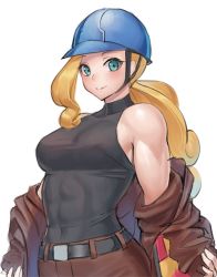 Rule 34 | abs, belt, biceps, black belt, blonde hair, blue eyes, blue headwear, brown pants, creatures (company), game freak, helmet, jacket, muscular, muscular female, nintendo, pants, pokemon, pokemon swsh, ranma (kamenrideroz), simple background, sleeveless, sleeveless turtleneck, smile, solo, turtleneck, uniform, worker (pokemon)