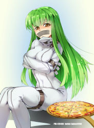 Rule 34 | 1girl, bad id, bad pixiv id, bdsm, bodysuit, bondage, bound, breasts, c.c., code geass, commentary request, feet out of frame, food, gag, gagged, green hair, haimei1980, improvised gag, long hair, medium breasts, pizza, restrained, simple background, sitting, straitjacket, tape, tape gag, tied up (nonsexual), yellow eyes