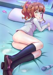 Rule 34 | 10s, 1girl, ass, bed, black socks, blush, bottomless, brown hair, closed mouth, condom, condom wrapper, eromanga sensei, female focus, hitachi magic wand, holding, holding condom, jinno megumi, jkjkjkjkjkjkjkjk, kneehighs, legs together, long sleeves, looking at viewer, lying, no panties, on bed, on side, pillow, ponytail, pussy juice, school uniform, sex toy, shirt, shoes, smile, socks, solo, tongue, tongue out, used condom, vibrator, white shirt