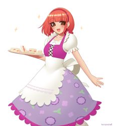 Rule 34 | 1girl, :d, artist name, blunt bangs, blush, brown eyes, cake, commentary, dress, food, hairband, harvest moon, kuroonehalf, looking at viewer, natalie (bokujou monogatari), open mouth, puffy short sleeves, puffy sleeves, red hair, short sleeves, simple background, smile, solo, sparkle, strawberry shortcake, tray, white background