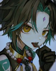 Rule 34 | 1boy, arm tattoo, bad id, bad pixiv id, bead necklace, beads, black gloves, black hair, facial mark, forehead mark, genshin impact, gloves, green hair, grey background, hair between eyes, holding, holding spoon, hzk (user kemd2843), jewelry, male focus, mouth hold, multicolored hair, necklace, solo, spoon, tassel, tattoo, upper body, xiao (genshin impact), yellow eyes