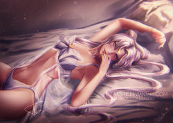 Rule 34 | 1girl, arm up, artist name, axsen, bare arms, bed, bed sheet, bishoujo senshi sailor moon, blue eyes, blush, bow, bra, breasts, collarbone, crescent, crescent facial mark, double bun, facial mark, facing viewer, forehead mark, hair between eyes, hair bun, hand up, happy, light, lingerie, long hair, looking at viewer, lying, mature female, medium breasts, midriff, navel, on back, on bed, panties, parted lips, pink lips, queen serenity, signature, smile, solo, teeth, twintails, underwear, very long hair, vignetting, watermark, web address, white bow, white bra, white hair, white panties