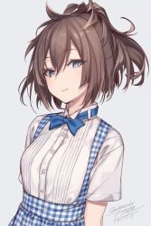 Rule 34 | 1girl, artist name, blue eyes, brown hair, buttons, closed mouth, collarbone, dated, grey background, hair between eyes, highres, kantai collection, kobeya uniform, medium hair, ponytail, rokuwata tomoe, sheffield (kancolle), shirt, signature, simple background, smile, solo, twitter username, upper body, white shirt
