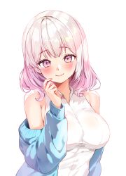 Rule 34 | 1girl, bad id, bad pixiv id, bare shoulders, blush, breasts, closed mouth, commission, highres, large breasts, lillly, looking at viewer, original, pink eyes, pink hair, shirt, short hair, simple background, smile, solo, upper body, white background, white shirt