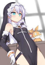 Rule 34 | 1girl, aqua eyes, arm support, bad id, bad pixiv id, bare hips, bare shoulders, black dress, blurry, blurry background, blush, breasts, closed mouth, commentary request, cowboy shot, depth of field, detached sleeves, dress, female focus, gloves, hair over shoulder, highres, honkai (series), honkai impact 3rd, leaning back, long hair, long sleeves, looking at viewer, looking down, low ponytail, pelvic curtain, purple hair, small breasts, solo, stuffed toy, table, tama (tamatamo), theresa apocalypse, veil, white gloves