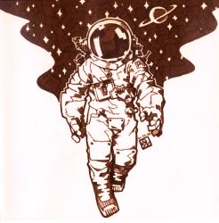 Rule 34 | 1other, astronaut, dated, galaxy, helmet, highres, monochrome, original, planet, poch4n, signature, solo, space, space helmet, star (sky), traditional media, walking